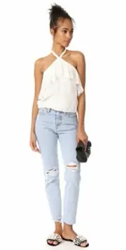 Alice + Olivia White Silk Ruffle Halter Top Crop Blouse Lace L NWT $225