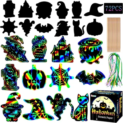 Scratch Paper Art for Kids - 72 Pcs Halloween Magic Rainbow Scratch Paper off Ca