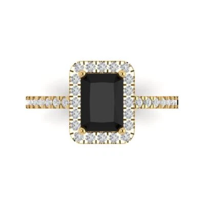 1.86Ct Emerald Cut Natural Onyx Gold Halo Engagement Promise Statement Ring