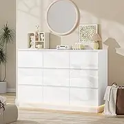 wanan 9 Drawer Dresser, Glossy Long Dresser with LED Lights & Charging Station, Wide Dressers and Chests of Drawers, 55" Modern White Dresser for Bedroom, Ball Bearing Slide