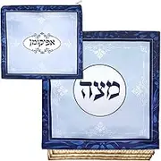 Silk Passover Seder Square Matzo Holder & Afikoman Set - 3 Pocket Square Matzah Cover Fits 3 Matzos Blue Renaissance Collection TableTop Passover Decorations By Zion Judaica