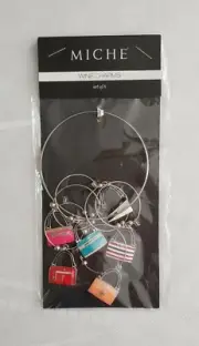 Miche Wine Charms Set of 6 Silvertone Rings with Painted Enamel Purse Charms NIP