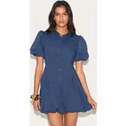 Navy Button Down Cinched Waist Shift Dress, Navy