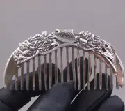 999 Fine Silver Pure Silver Hair Comb Two Peony Handle Hair Care 3.46inchL/53.2g