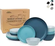Grow Forward 24-piece Premium Wheat Straw Dinnerware Sets for 8 - Unbreakable Dishwasher & Microwave Safe Plastic Plates and Bowls Sets - Patio, Outdoors, RV, Camping Dishes - Seascape