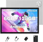Android 13 Unlocked Tablet - 10 Inch, Octa-Core, 128GB+6GB, 5MP+13MP Camera, 5G WiFi GPS/BT, 6000mAh Battery, 1280*800 IPS Screen, Silver with Case