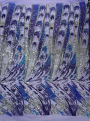 PEACOCK - Feathers Design Sequins Embroider 4 Way Stretch Mesh Fabric By Yard