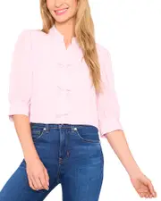 CeCe Puff Sleeve Bow Placket Blouse
