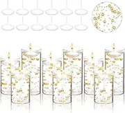 9 Set Glass Cylinder Vases for Centerpieces, Multiple Size Clear Hurricane Candle Holder with Floating Candles Artificial Pearl String for Wedding Table Decor (Gold,4",4.7", 6")