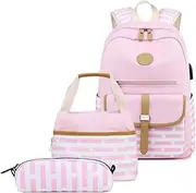 [MITOWERMI] Canvas Backpack Set Girls Bookbags Set 3 in 1 College Laptop Backpack Striped Prints with Lunch