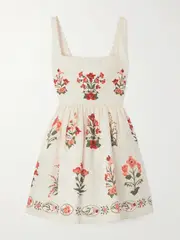 [Agua by Agua Bendita] Agua by Agua Bendita - Barbara Printed Embellished Linen Mini Dress - Cream - small small Cream