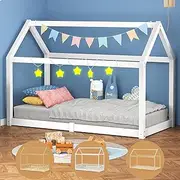 ALFORDSON Wooden Timber House Frame Single Mattress Base Platform, Kids Bed Frame w/o Guard Rail, Solid Pine Wood Bed Base Foundation Children's Beds, Rocco Series Bedroom Furniture in White