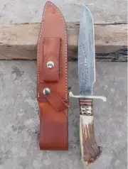 Fixed Blade Custom Handmade Stag Antler Handle Bowie Knife Damascus steel Blade,