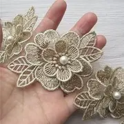 2 Yards 3D Flower Lace Trim Pearl Embroidered Polyester Lace Ribbon Fabric Applique Patchwork for Wedding Dress Handmade DIY Sewing Craft Supplies Decoration (Gold)