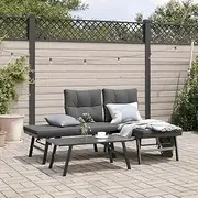Garden Bench Set with Cushions, Patio Furniture Chairs - Powder-Coated Steel Outdoor Table for Lawn, Balcony, Pieces - Black