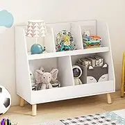 HONEY JOY 5-Cube Kids Bookshelf and Toy Organiser, 2-TierToy Chest w/Solid Wood Legs & Anti-Tipping Kits, Wooden Kids Open Bookcase Storage Display Organizer for Playroom, Bedroom & Nursery, White