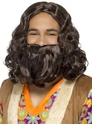 Curly Brown 1970s Mens Hippie Costume Wig and Beard Set