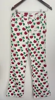 VTG 90s MOSCHINO White Flare Jeans Raspberry Leaf Print Red Green Y2K Cottage 26