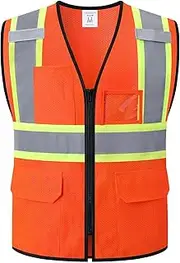 [HATAUNKI] High Visibility Reflection Mesh Safety Vests with Multi-Function Pockets and Front Zipper,Meets ANSI/ISEA Standards