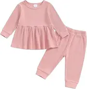 [Mandizy] Toddler Girl Clothes Fall Knit Ribbed Long Sleeve Shirt Ruffle Tops Pants Set 1T 2T 3T 4T 5T Little Kids Outfit