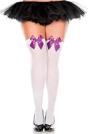 [MUSIC LEGS] Plus Size Satin Bow Opaque Thigh Hi, White Purple, White/Purple