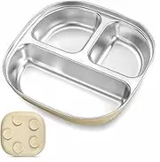 ZCOINS Stainless Steel Plates with Suction, Deepened Divided Plates with Removable Silicone Base, 3 Compartments, Non-Slip Metal Dinner Dishes with Dividers