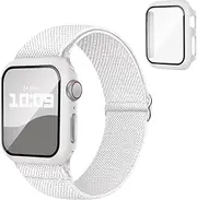 3-IN-1 Compatible for Apple Watch Band 40mm 41mm 44mm 45mm with Case & Screen Protector, Stretchy Nylon Loop Sport Strap and Cover with Tempered Glass for iWatch Series SE SE2 9 8 7 6 5 4 Men Women