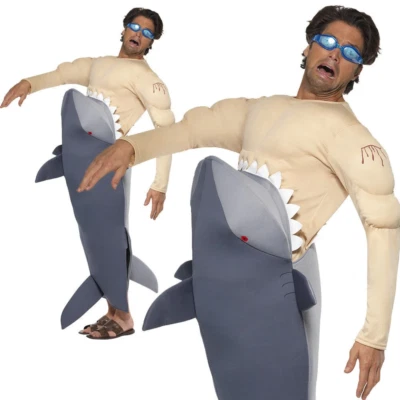 Man Eating Shark Costume + Goggles Jaws Attack Stag Fancy Dress Outfit OS