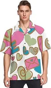 [GuoChe] Hawaiian Men Button Up Shirts Short Sleeve Valentines Stylish Hearts Love Green Blue Pink Fashion Urban Camisa de