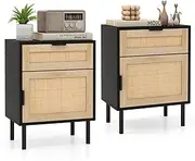Giantex Rattan Nightstand Set of 2, Mid Century Modern End Table with Drawer & Cabinet, Bedside Table with Sturdy Metal Legs, Sofa Side Table for Living Room, Bedroom, Small Spaces, Black & Natural