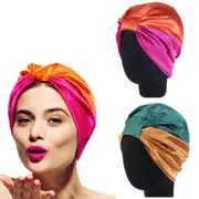 2pcs Stain Silk Hair Wrap Elastic Turban Bonnet Hat Night Sleep Cap for Women-Rose Red and Green