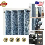 Elegant Blue Floral Blackout Curtains - 90" Thermal Insulated Drapes, 2 Panels