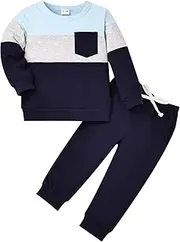 [KAFIREN] Baby Boy Fall Winter Clothes Toddler Boy Outfits Long Sleeve Patchwork Sweatshirt Tops Pants 2 Piece 12 Months-5T