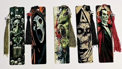 Classic Horror Metal Bookmarks with Tassle & Bead 1.5x6" Set #3 - Set Of 5