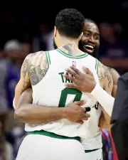 Jayson Tatum & Jaylen Brown Embrace Boston Celtics 8x10 NBA Basketball Photo