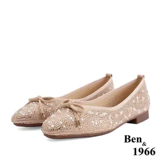 Ben&1966高級燙鑽絨布珍珠娃娃鞋-珊瑚粉(218172)