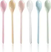 BSITSSS Pack of 6 Long Plastic Spoons, Reusable, Multicoloured, PVC, Suitable for Hot Soups, Yoghurts, Desserts and More