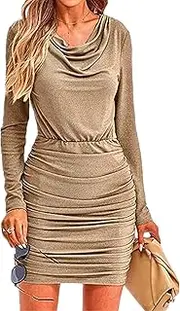 [Generic] Women's Drape Cowl Neck Bodycon Dress Slim Long Sleeve Mini Dress Ruched Cocktail Wedding Party Dresses