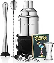 8-Piece Stainless Steel Bartender Set with 700 ml Cocktail Shaker, Professional Bar Accessories Including 2 Pourers, Muddler, Jigger & Mixing Spoon, Complete Set with Strainer and Velvet Bag for Home