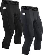 [Roadbox] Mens 3/4 Compression Pants with Pockets Running Base Layer Legging Tights