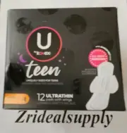 U By Kotex Teen Ultra Thin Pads with wings Overnight, 12 Ct