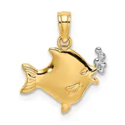 14K Yellow & Rhodium With White 2-D Fish W/ Bubbles Charm