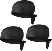 [MOKKHNB] 3Pcs Chef Turban Hat Comfortable Kitchen Hats with Ribbons Unisex Black Chef Caps for Restaurant Cooking and Service
