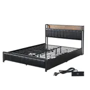 Levede USB Charging PU Leather Bed Frame 4 Drawers Queen Black