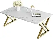 [Wolawu] Coffee Table - White Living Room Center Table, Simple Modern Faux Marble Rectangular Tea Table With Sturdy Gold-Finished Metal Frame, Industrial Wooden for Bedroom Home Office