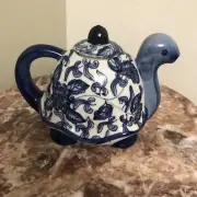 Vintage Blue And White Ceramic Turtle Teapot 5.25” Tall New without Box