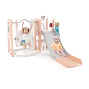 Costway L-shaped Swing Slide Set w/Basketball Hoop & Telescope Free Standing Slide Pink
