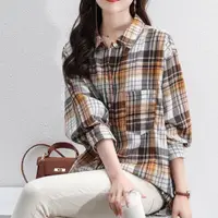在飛比找momo購物網優惠-【Pure 衣櫃】韓版磨毛格子寬鬆長袖襯衫(百搭/KDTY-