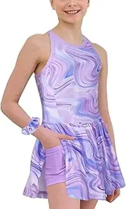 [MODAFANS] Girls Tennis Golf Dress Sleeveless Athletic Pleated Outfits Sets Built in Shorts with Pockets, Purple Marble, 8-9 Years