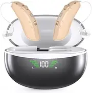 Hearing Aids for Seniors, 16 Channels Digital RIC Hearing Aids with Real Voice for Mild Moderate Severe Hearing Loss, Invisible Comfortable No Whistling Hearing Amplifiers with Charging Box Displaying Power